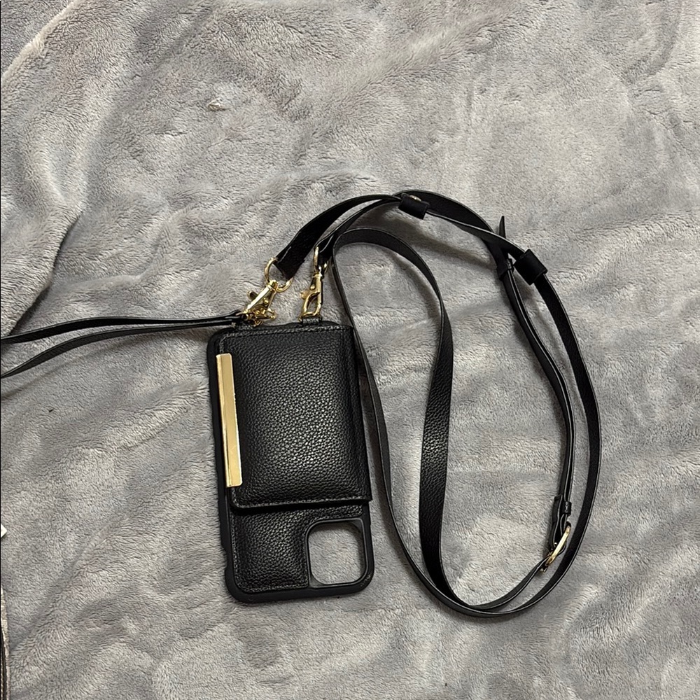 IPHONE 11 Black faux Leather Phone Crossbody Case with card holders.